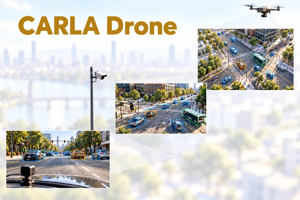 CARLA Drone: car, fixed traffic-camera, and drone perspectives with 3D detections
