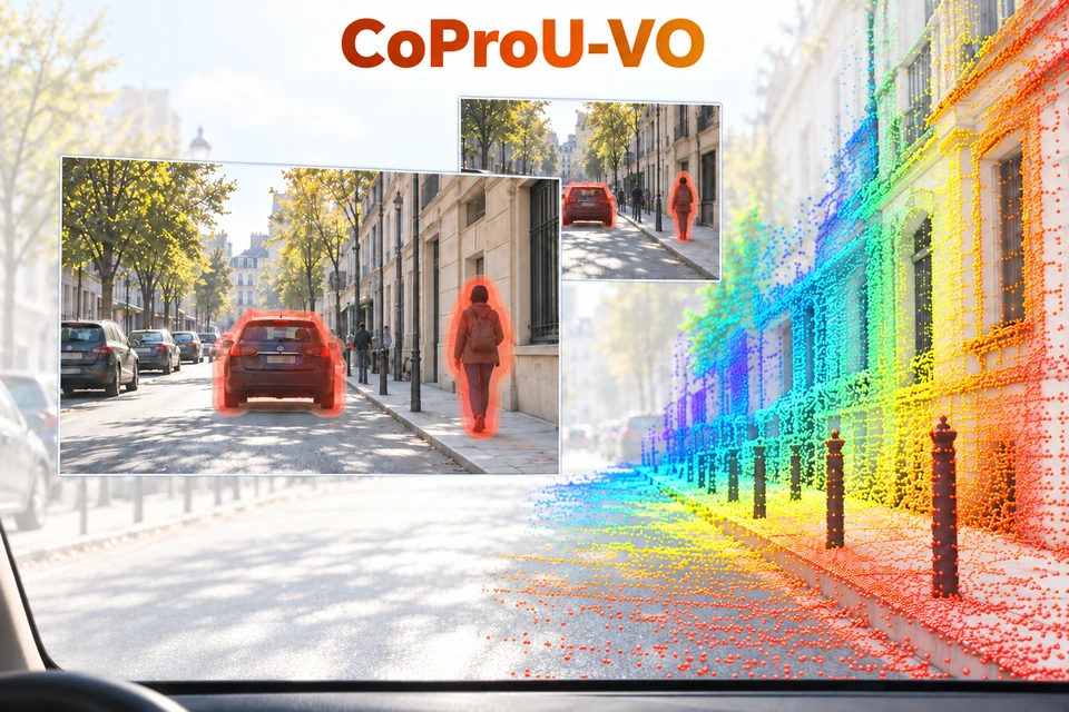 CoProU-VO: in-car view with two temporal input frames, uncertainty regions, and depth-colored scene points