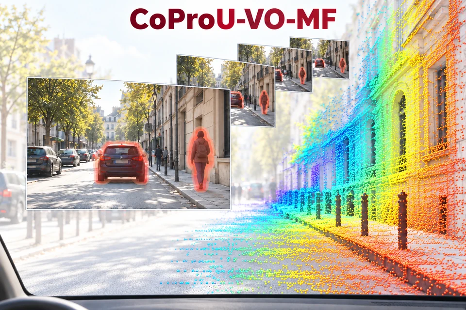 CoProU-VO-MF: in-car view with four temporal input frames, uncertainty regions, and depth-colored scene points