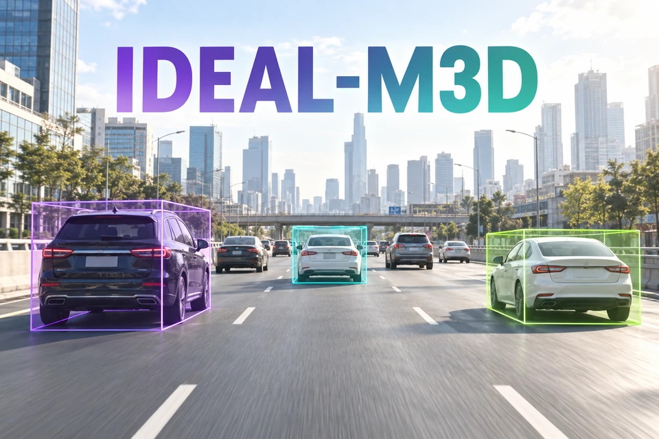 IDEAL-M3D: selected vehicle instances highlighted with 3D detection boxes