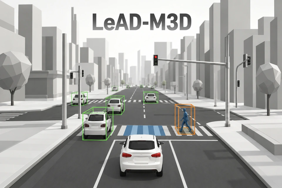 LeAD-M3D: grayscale city road with green 3D detections